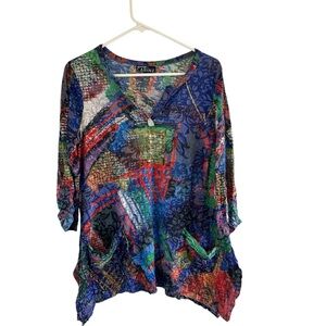 Blue Green Asymmetrical Graphic Blouse